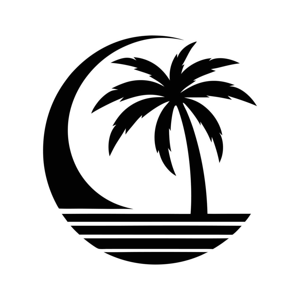 Silhouette of a palm tree with tropical beach sunset in a illustration style vector