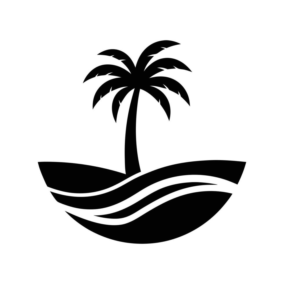 illustration of a tropical island with palm trees, beach, sun, sea, and sunset vector