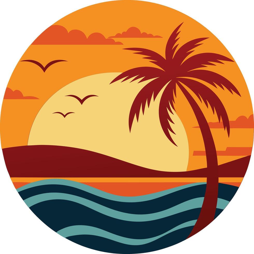 A palm tree and a seagull on a beach at sunset vector