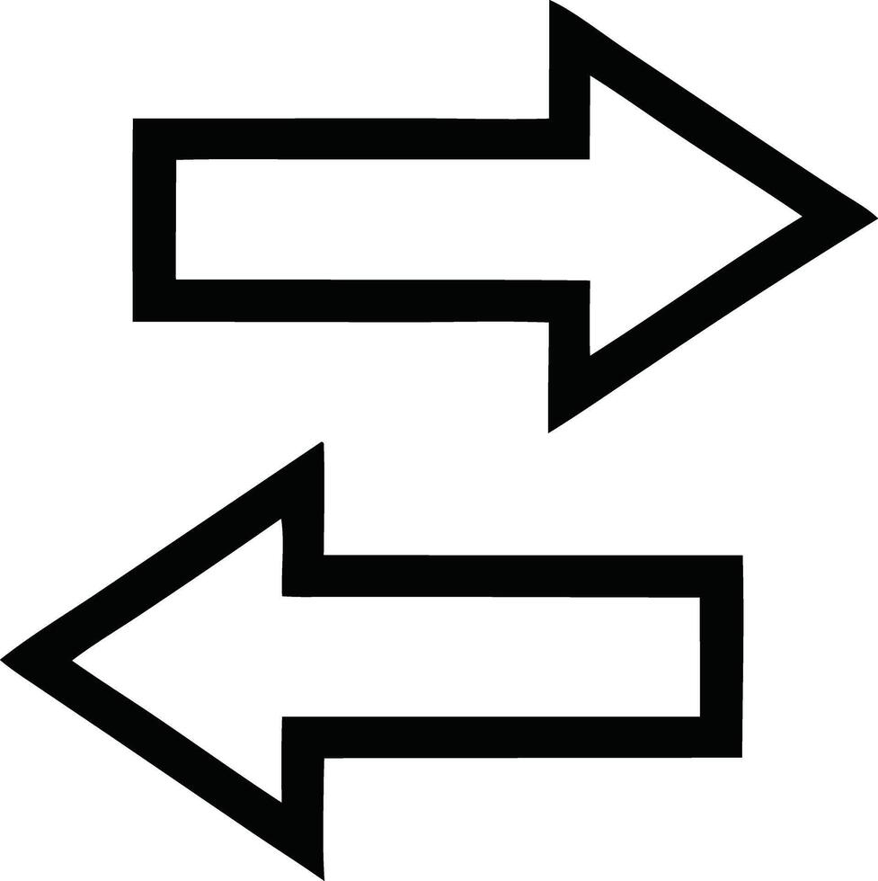 Two arrows pointing in opposite directions, black and white, symbolizing movement, exchange, and cyclical actions, ideal for illustrating back-and-forth concepts, flow, or reversibility vector