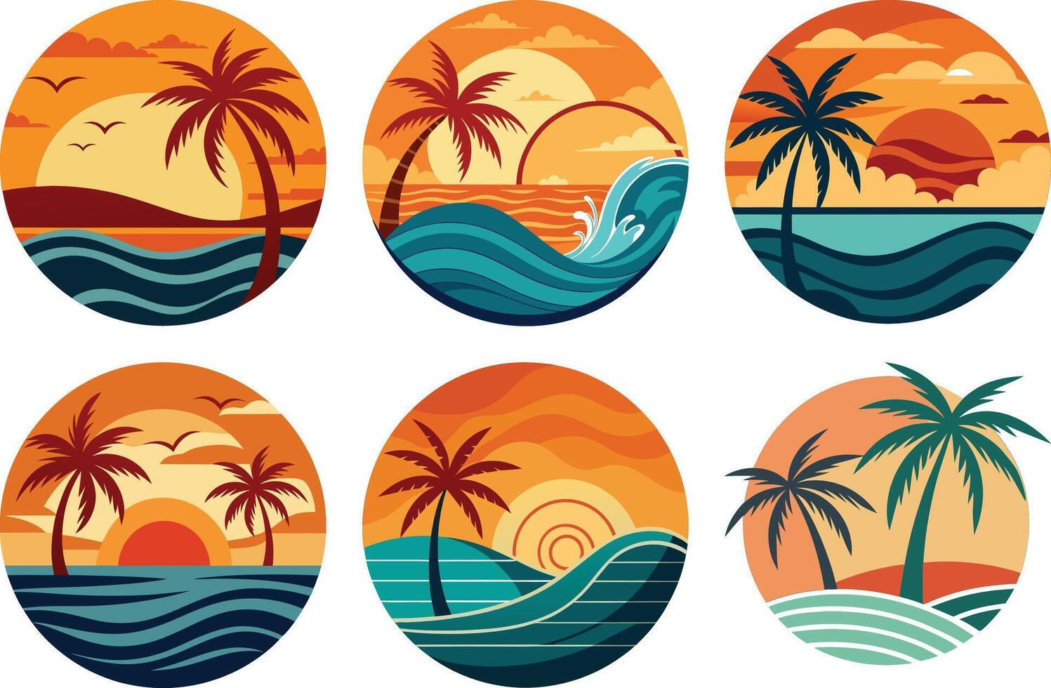 Tropical beach and palm trees set of illustrations vector
