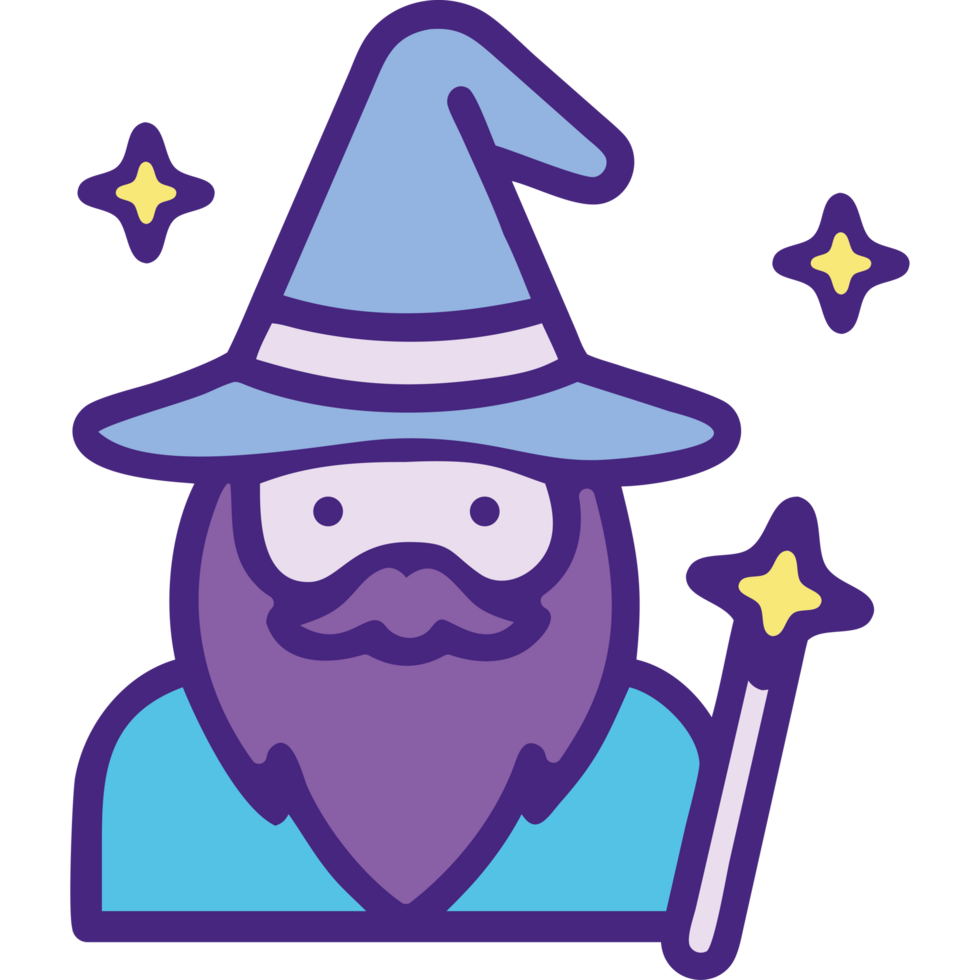 Wizard character with hat and magic sparkles png