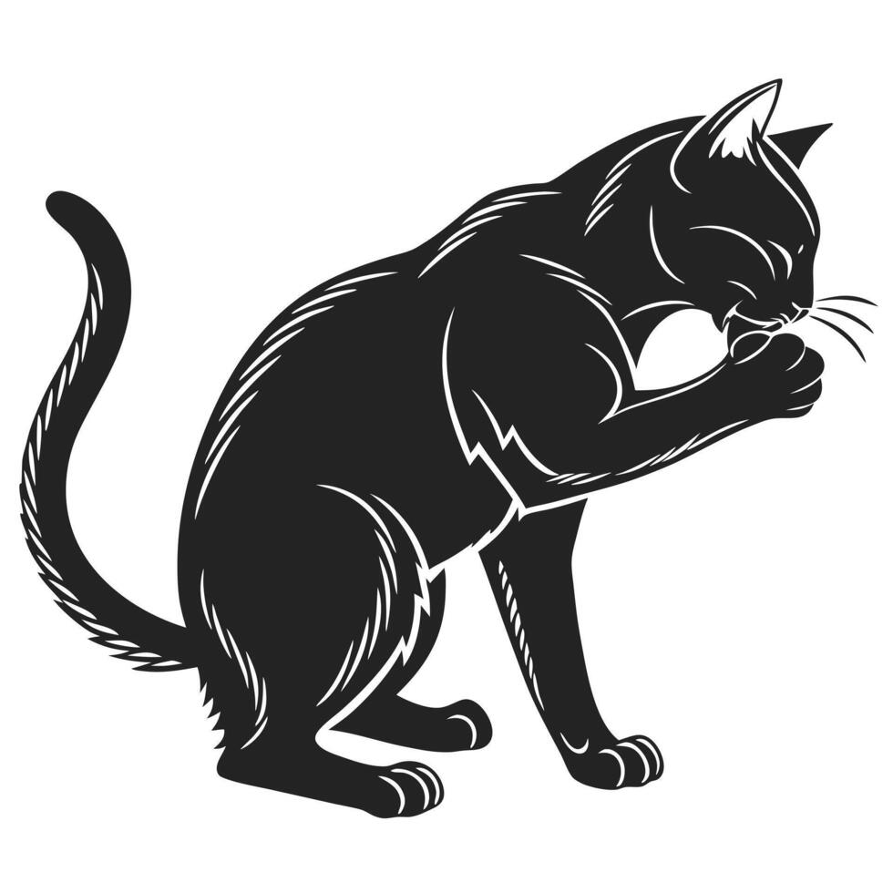 Black Cat Licking Paw Illustration vector