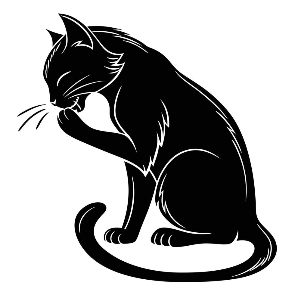 Black Cat Licking Paw Design vector