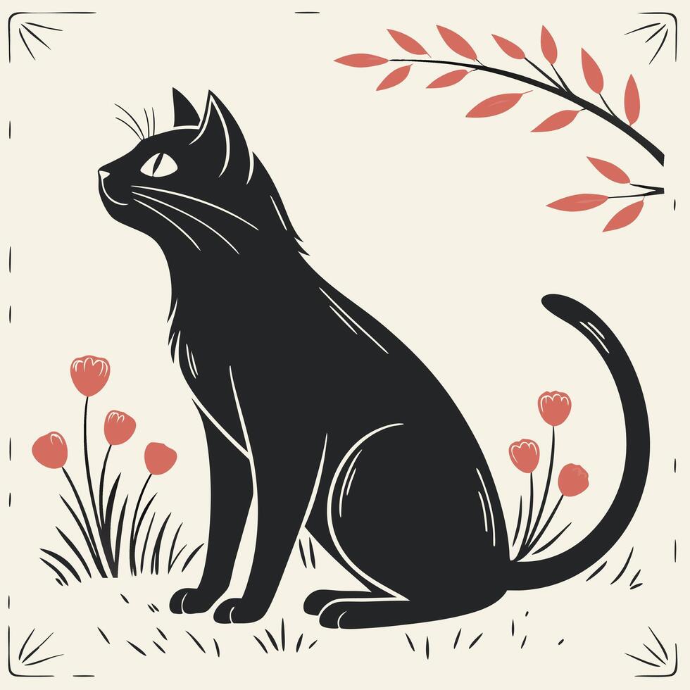 Black Cat With Red Flowers Art vector