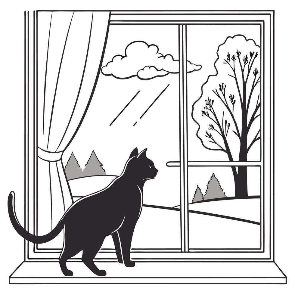 Black Cat Looks Out Window vector