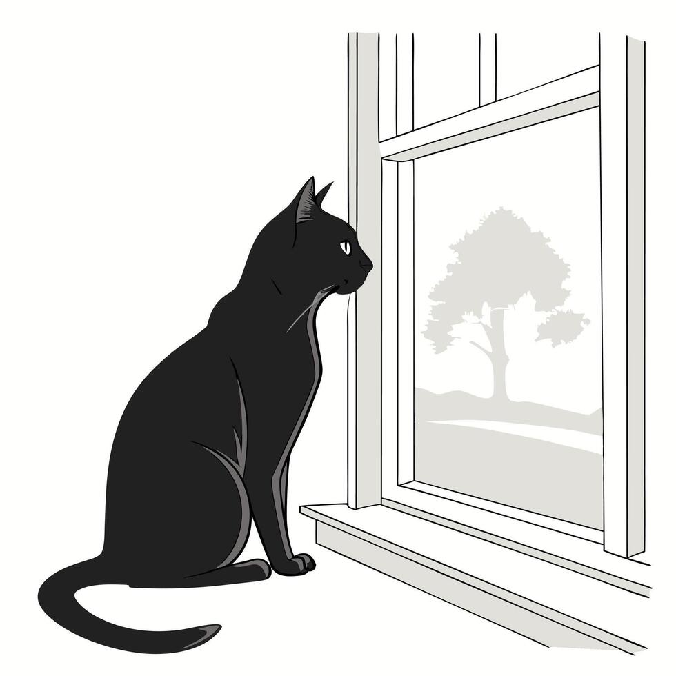 Black Cat Looking At Window View vector