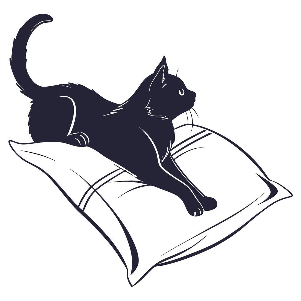 Black Cat Resting On Soft Pillow vector