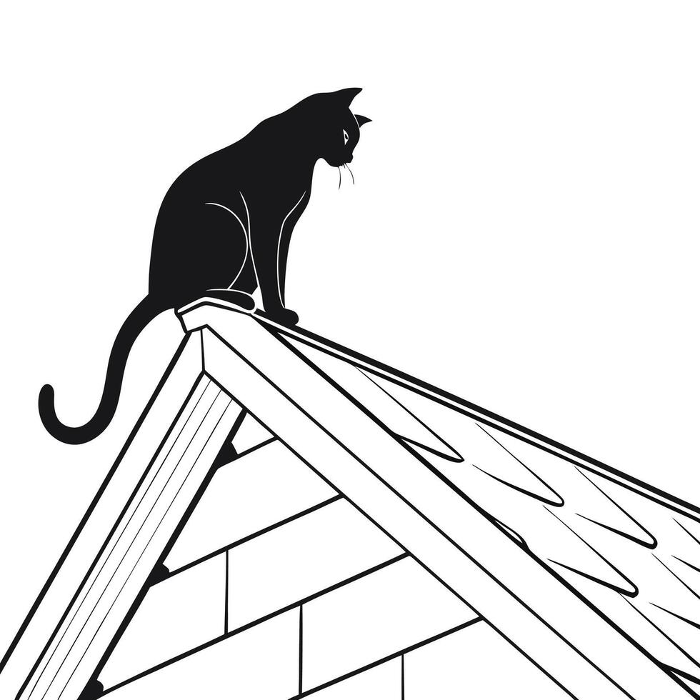 Black Cat Sitting On Rooftop vector
