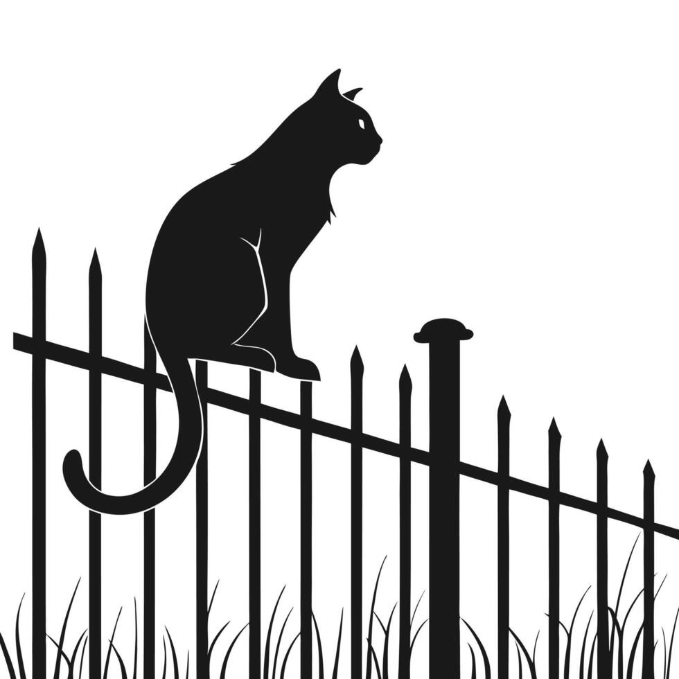 Black Cat On Fence Silhouette vector