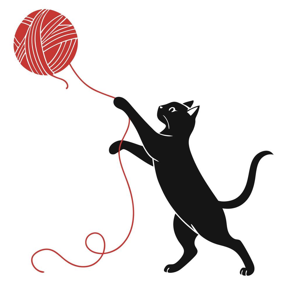 Black Cat Playing With Yarn Ball vector