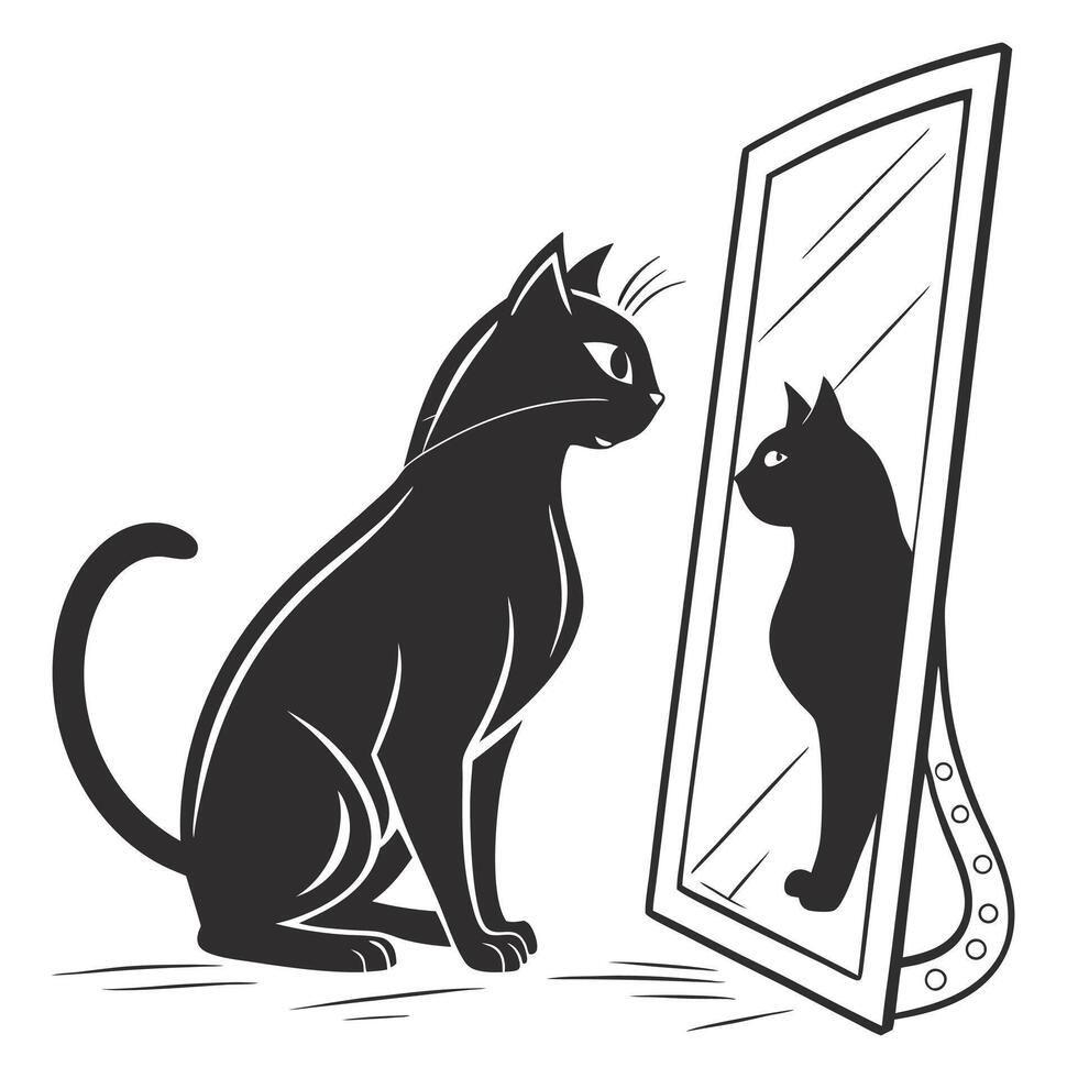 Black Cat Looking At Mirror Reflection vector