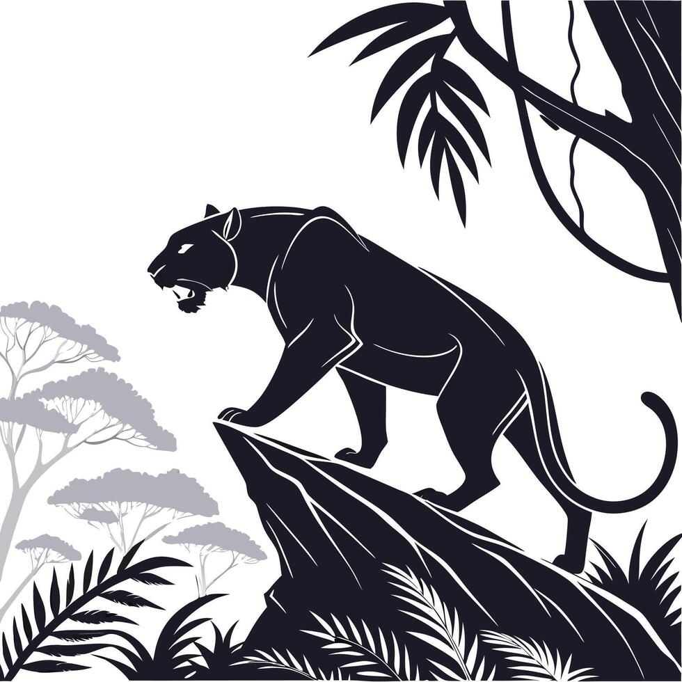 Black Panther On A Rock Silhouette vector