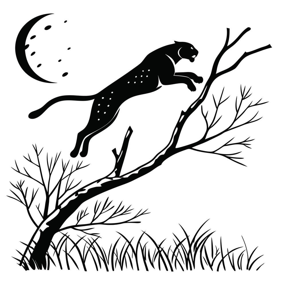 Black Panther Leaping Under Moonlit Tree vector