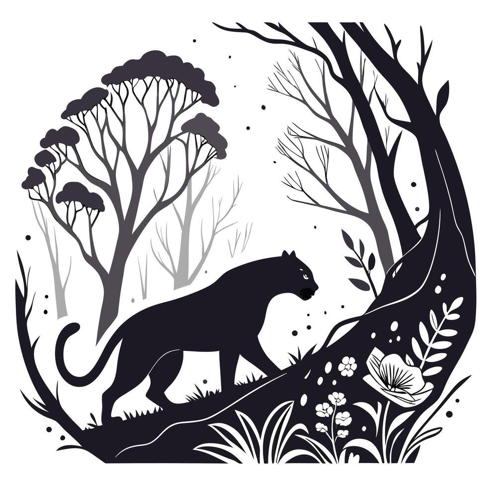 Black Panther In Forest Monochrome Illustration vector