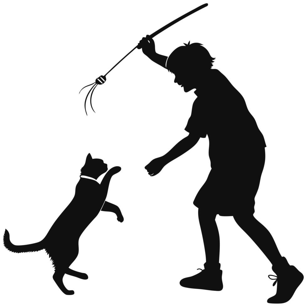 Boy Playing With His Cat Silhouette vector