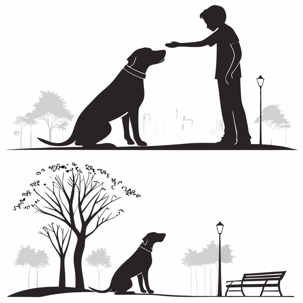 Boy And Dog In Park Silhouettes vector
