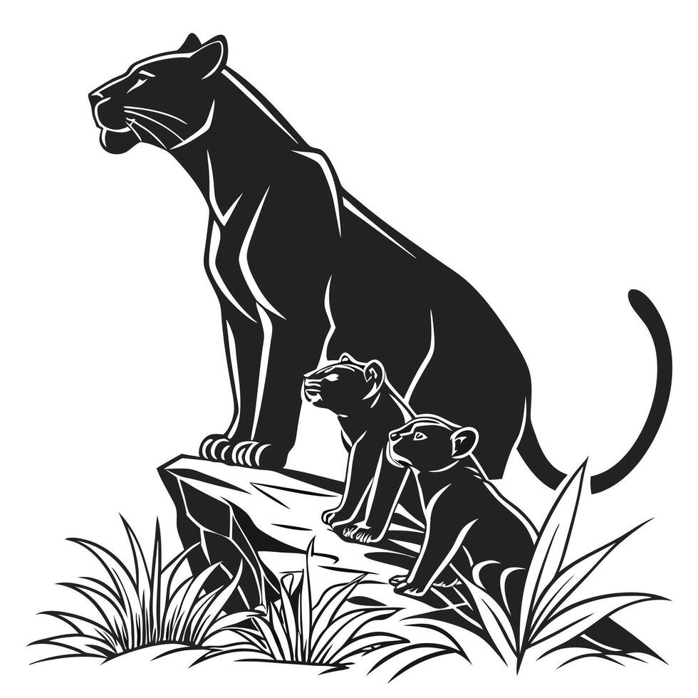 Black Panther With Cubs Silhouette Illustration vector