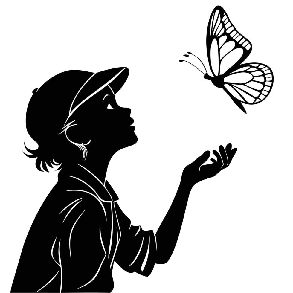 Boy With Butterfly Monochrome Silhouette Design vector