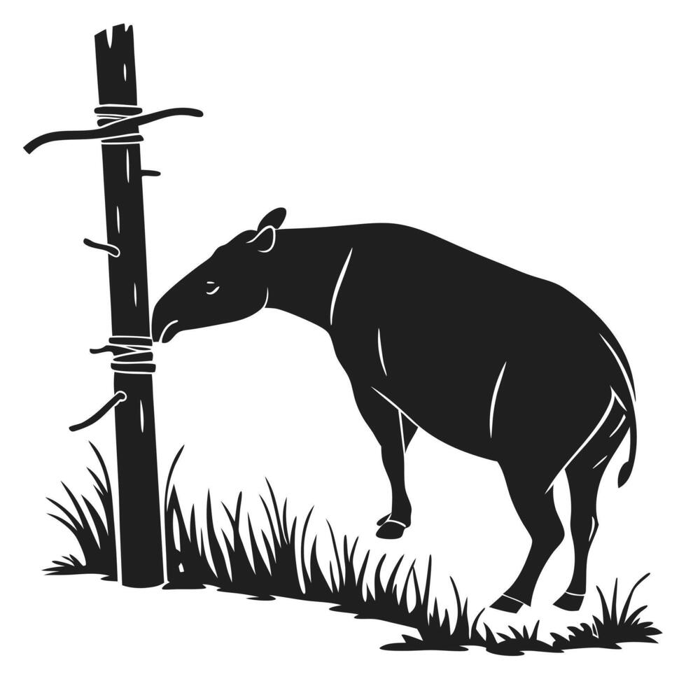 Black Tapir With Wooden Post Silhouette vector