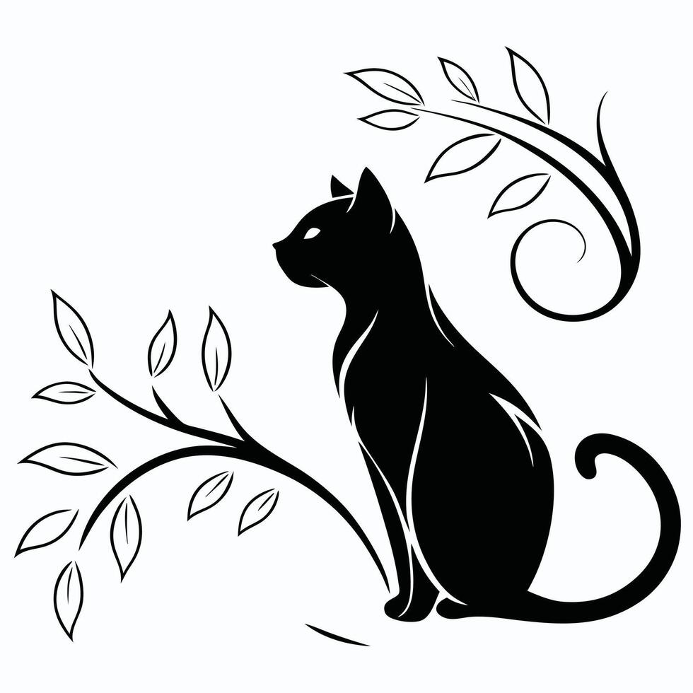 Cat Silhouette With Floral Branch Design vector