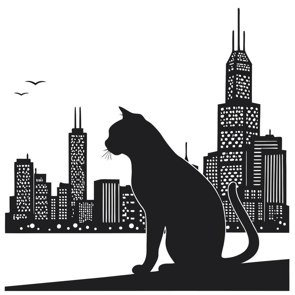 Cat Silhouette With City Skyline Backdrop vector