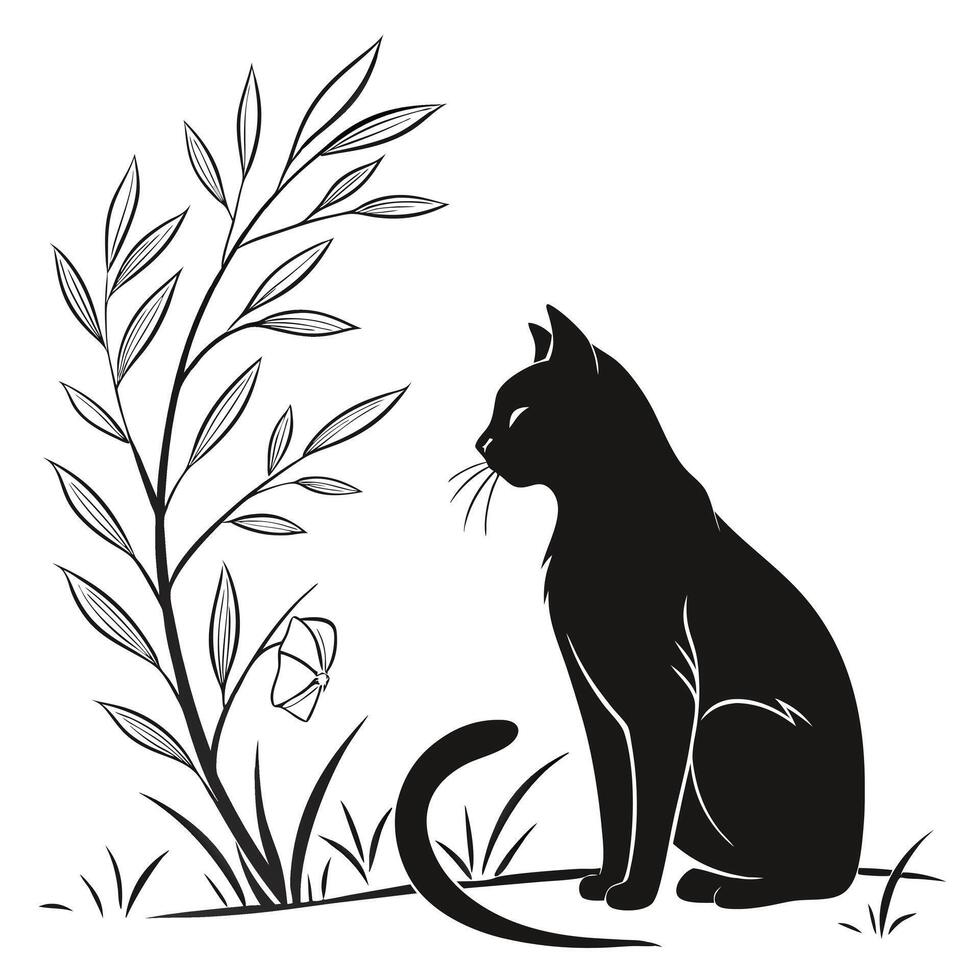 Cat Silhouette With Branch And Flower vector