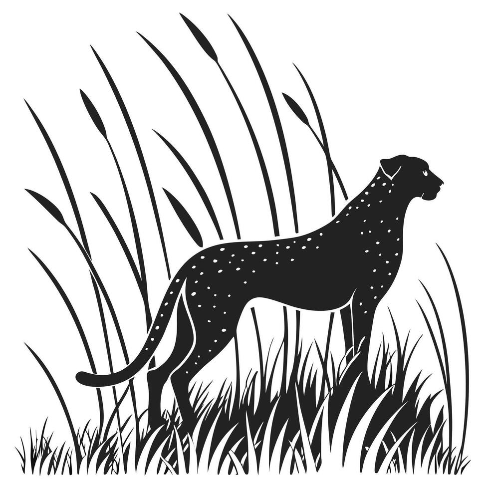 Cheetah Hiding In The Reeds Black Illustration vector