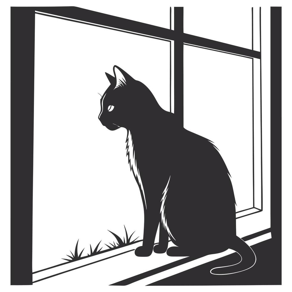 Cat Silhouette Sitting At Window vector