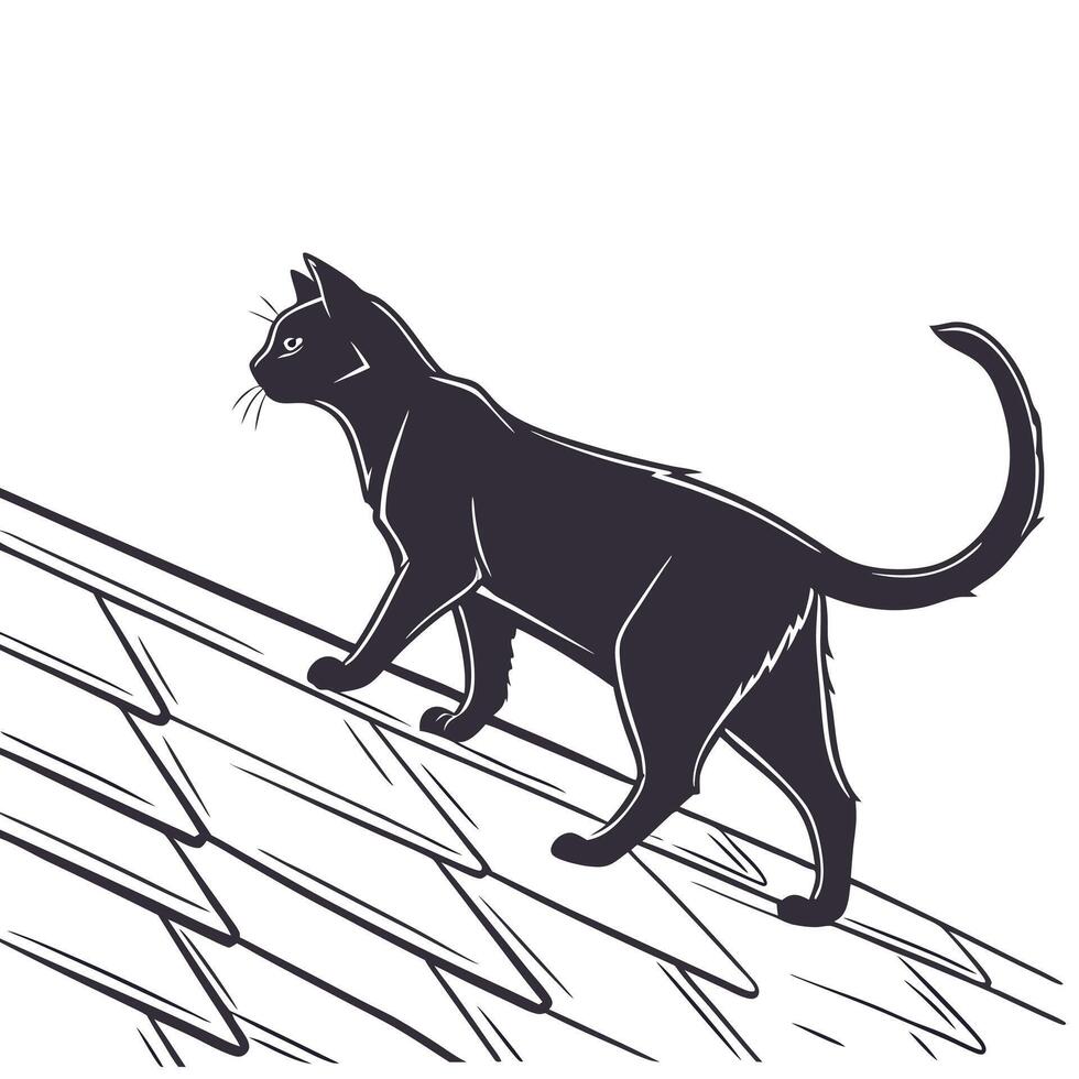 Cat Silhouette Walking On Roof Tiles vector