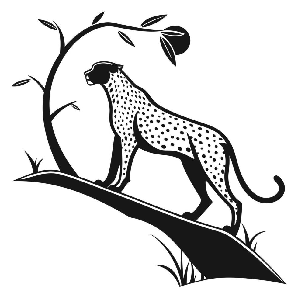 Cheetah Silhouette On Branch Black White vector