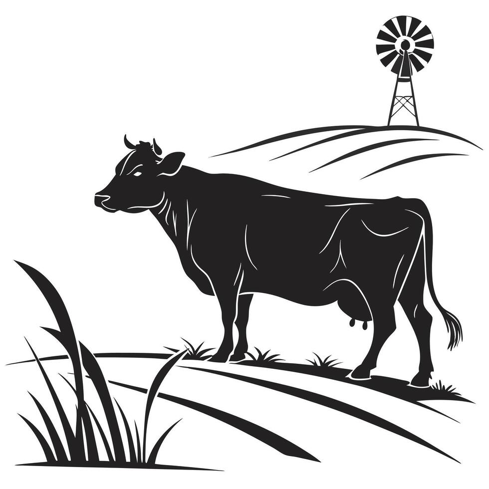 Cow And Windmill Silhouette On Farm vector