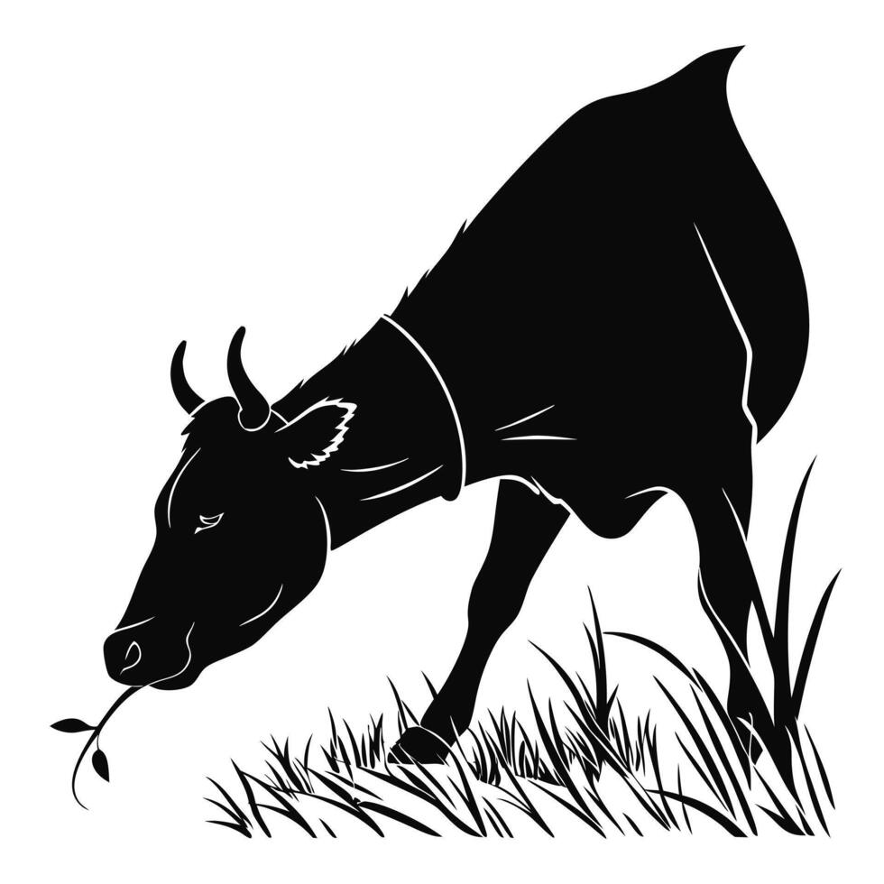 Cow Grazing In Grass Black Silhouette vector