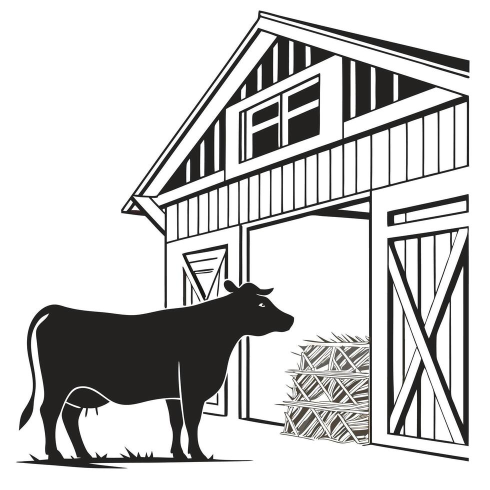 Cow And Barn Illustration Art vector