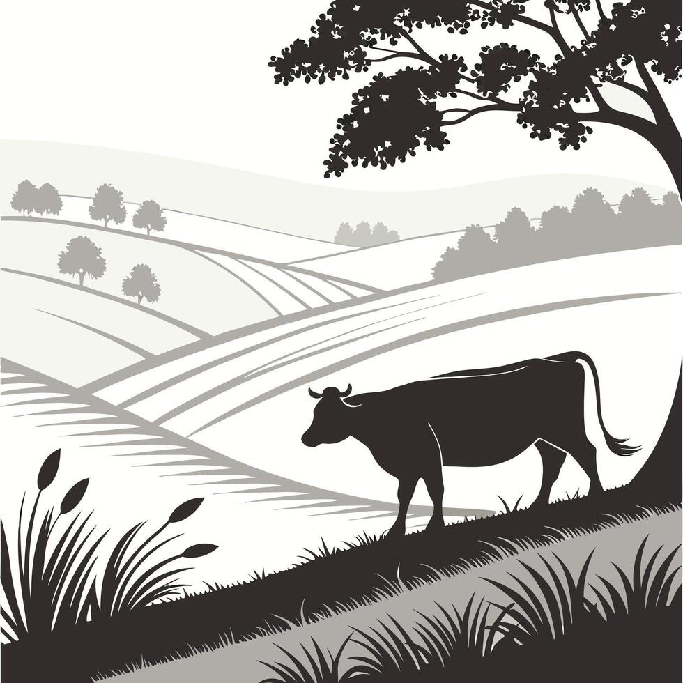 Cow Grazing On A Hillside Pasture vector
