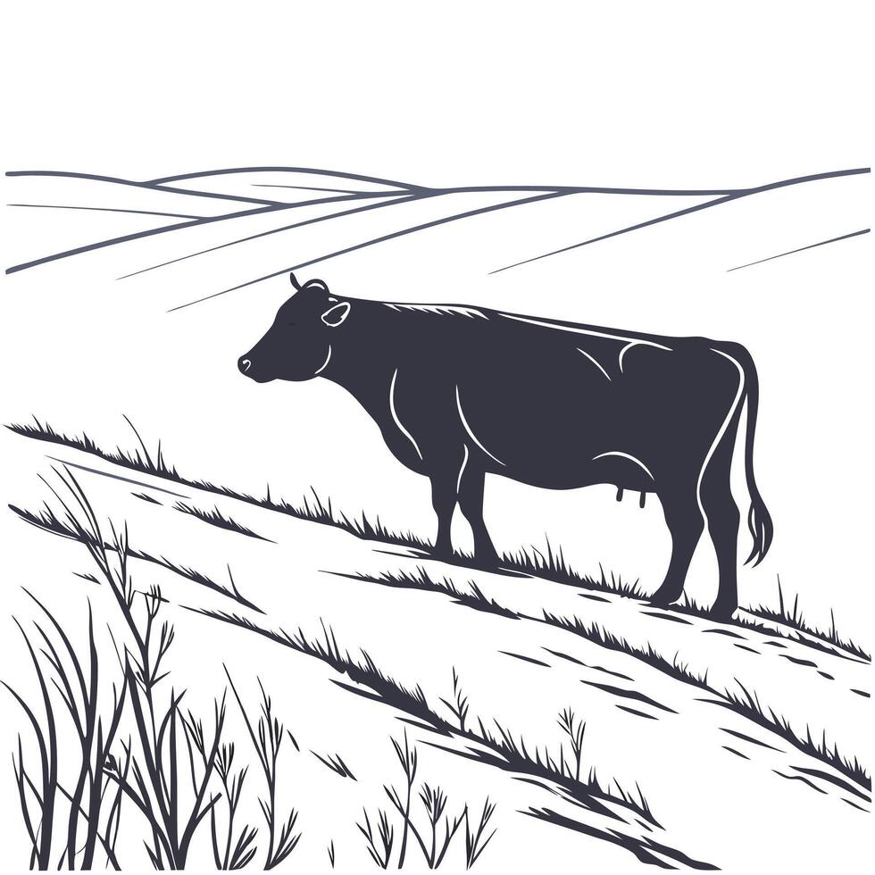 Cow Grazing On Field Illustration vector