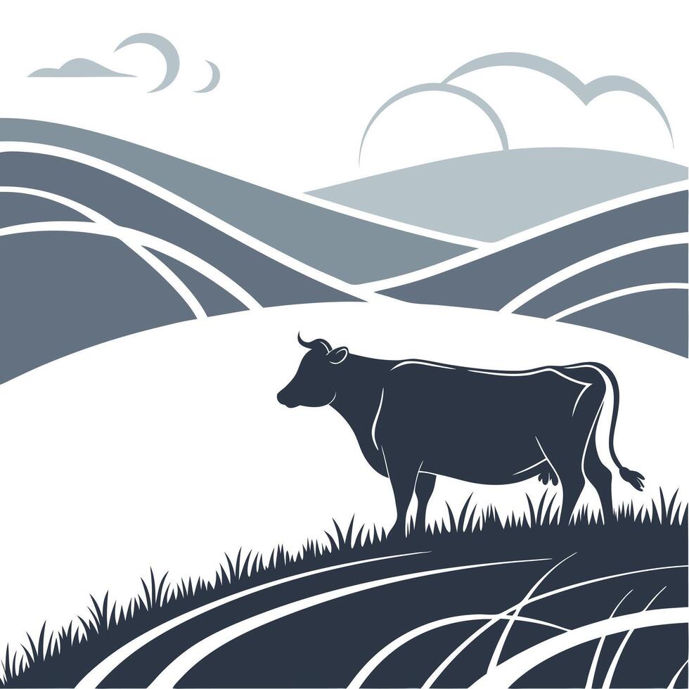 Cow Grazing On Rolling Hills vector