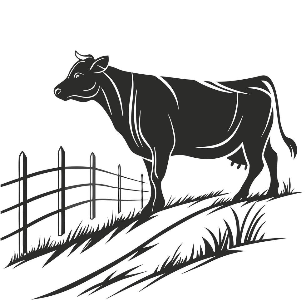 Cow Near Fence Illustration Outline vector