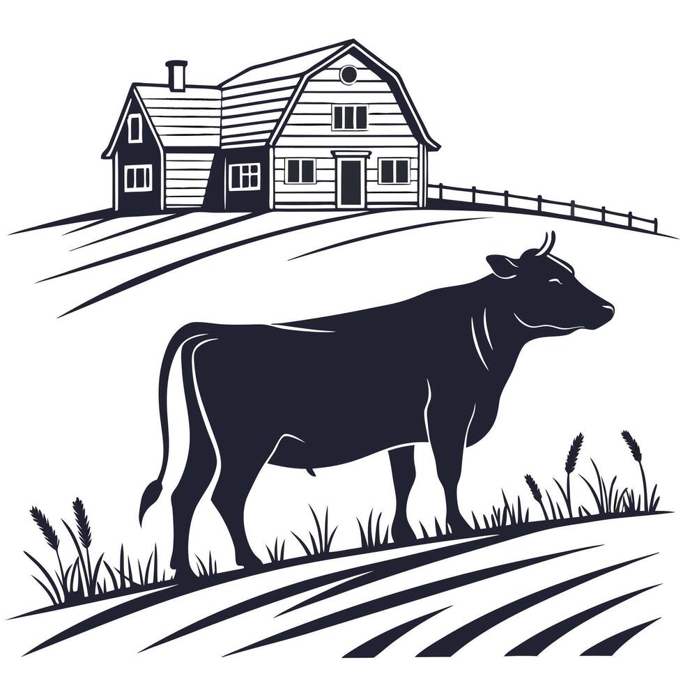 Cow On Farm With Barn vector