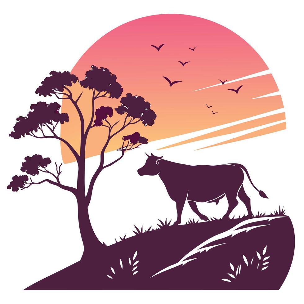 Cow Silhouette Landscape Sunset Design vector