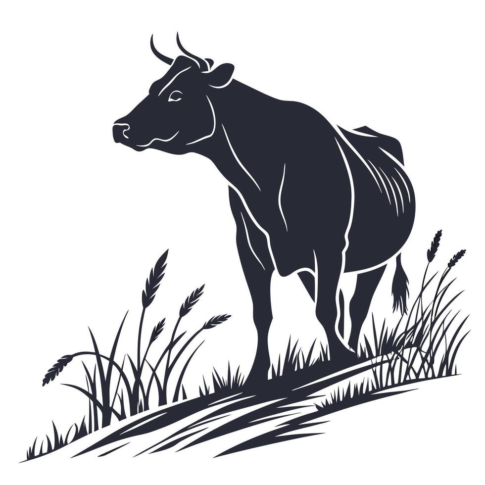 Cow Silhouette On Grass Field Design vector