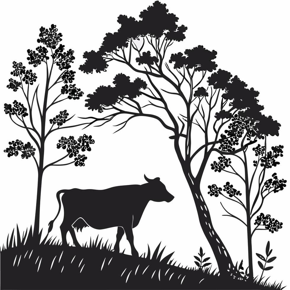 Cow Silhouette In Nature Black Style vector