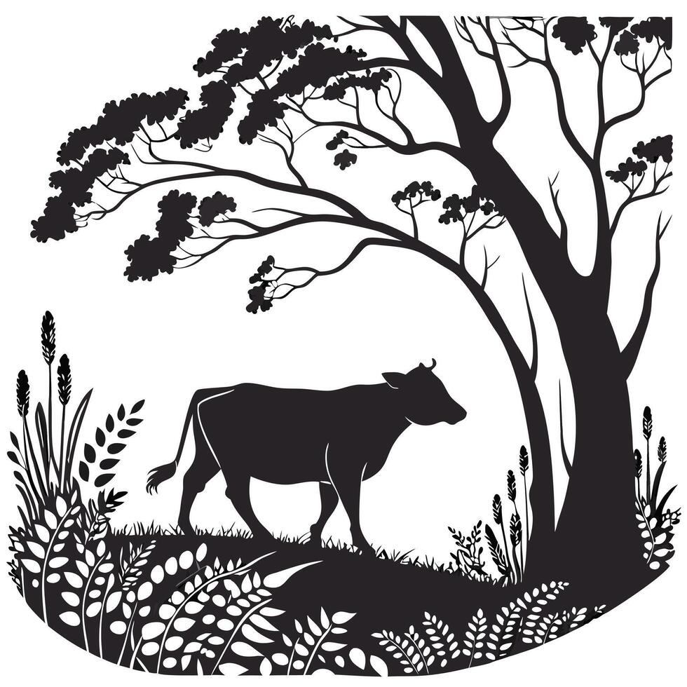Cow Silhouette Under Tree Black White vector