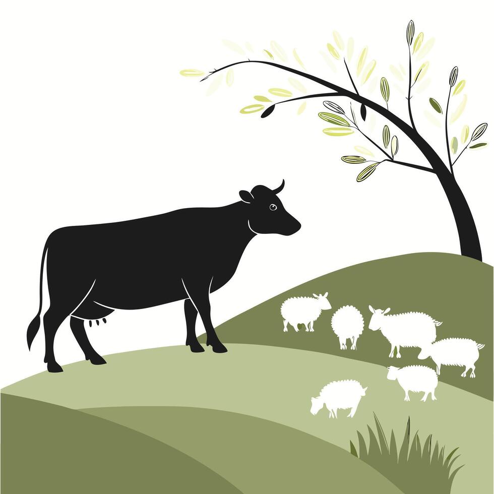 Cow And Sheep Grazing On Hill vector