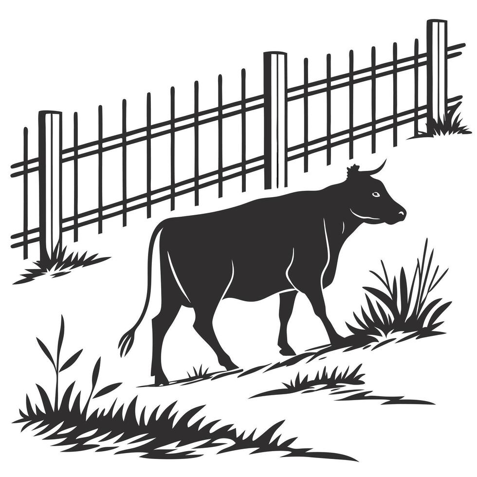 Cow Walking Near Wooden Fence vector
