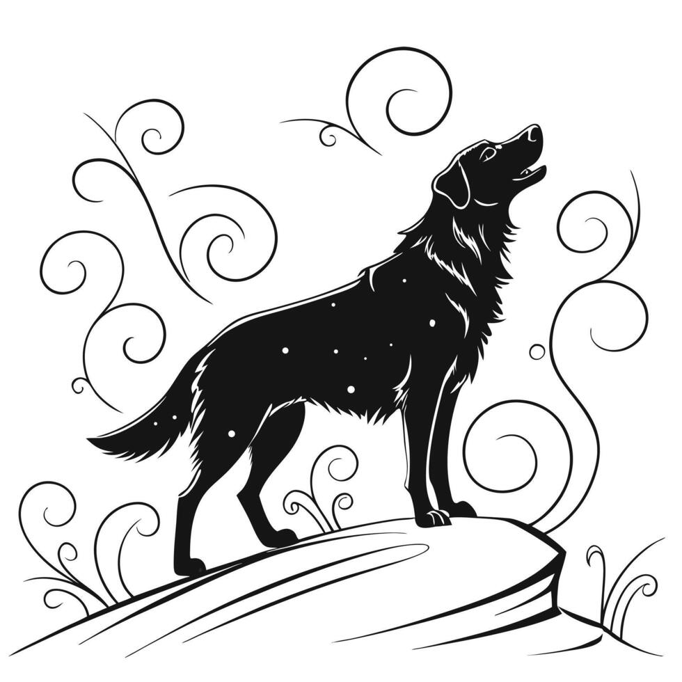 Dog Howling Silhouette With Floral Ornament vector