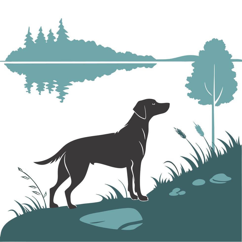 Dog Silhouette At The Lake Illustration vector