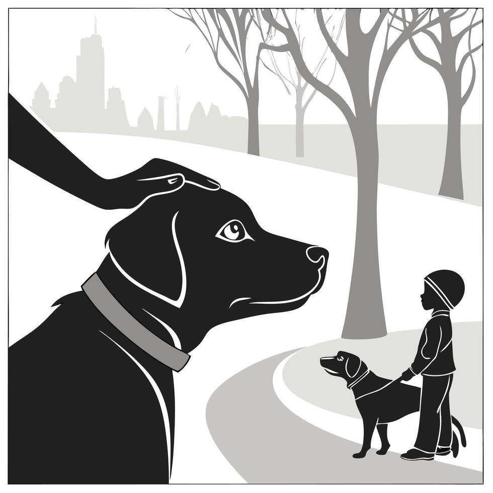 Dog Petting In Park Black White vector