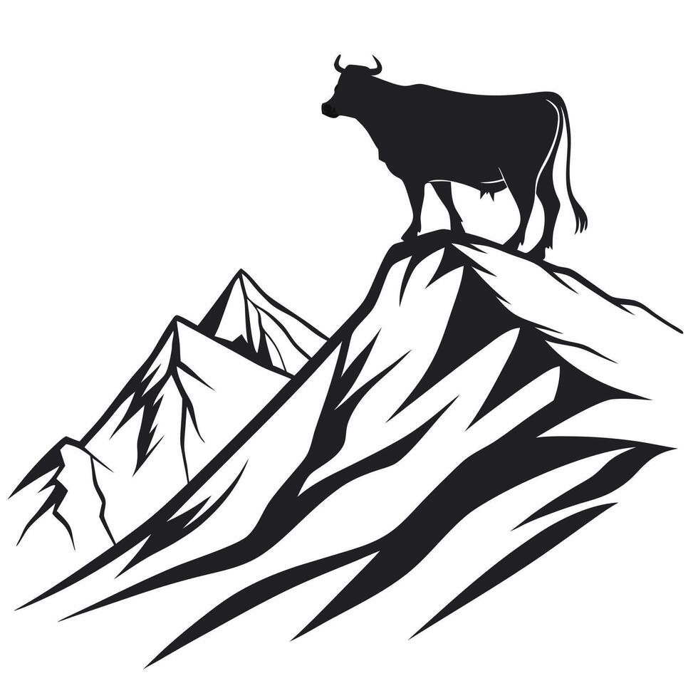 Cow Standing On Mountain Peak Silhouette vector