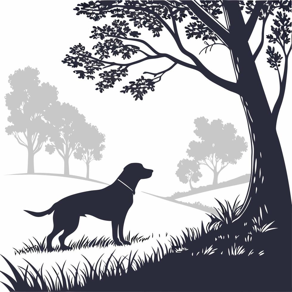 Dog In Silhouette Underneath A Tree vector